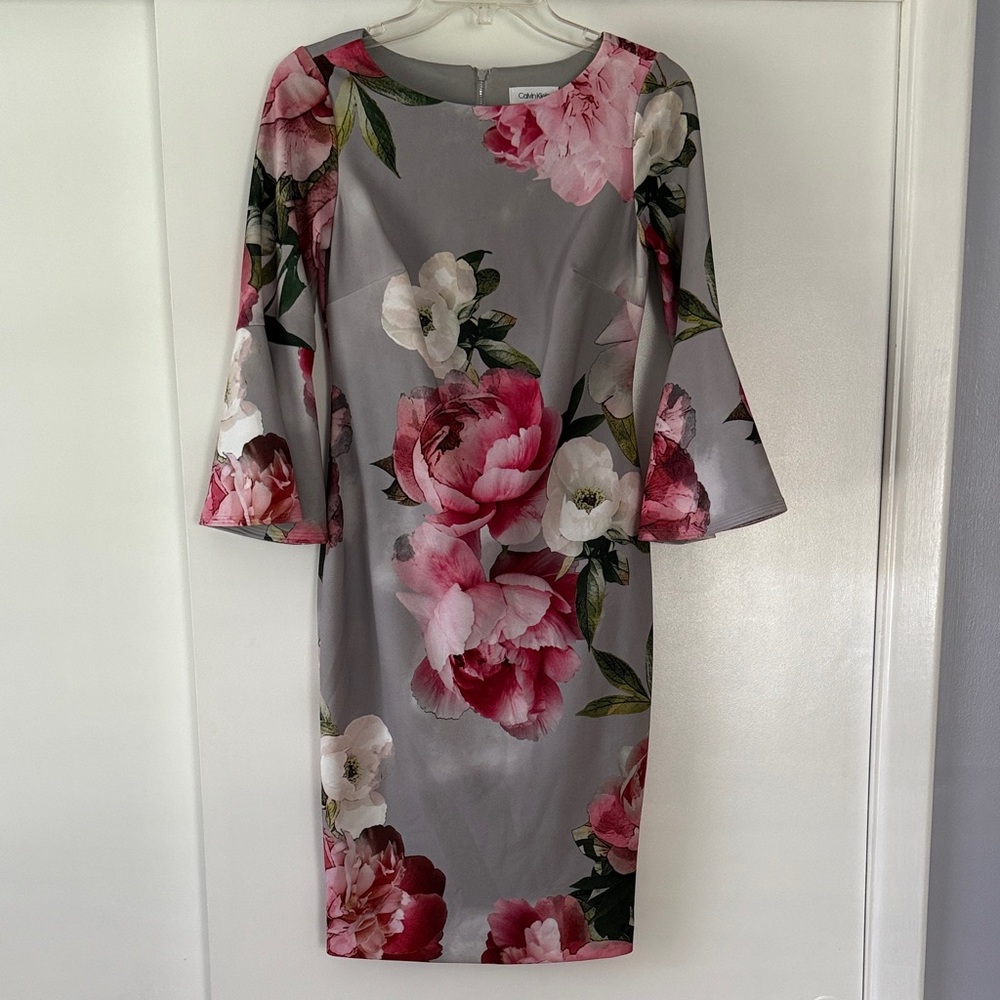 Calvin Klein Floral Gray Bell Sleeve Dress